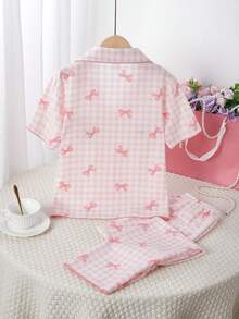 SHEIN School Girl Pajamas - Girls Cute Butterfly & Plaid Print Short Sleeve Collared Cardigan With Loose Pants 2 Pieces Sleepwear Set - Multicolor - View 2