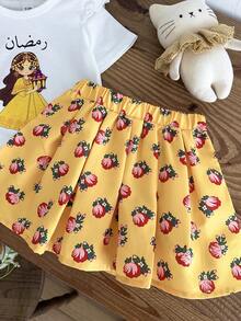 两件套女婴时尚休闲可爱公主风印花荷叶边上衣和裙子套装，适合春夏、居家、户外、旅行、派对、日常穿着 - 黃色 - 查看 6