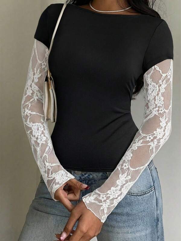 CovetEZ Black & White Contrast Color Lace Patchwork 2-In-1 Women Long Sleeve Top, Sheer Top Lace Jersey See Through Top See Through Tops Lace Long Sleeve