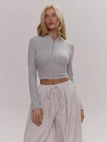 MUSERA Zip Through Fitted Soft Rib Hooded Top Cute Girly Sexy Spring  Going Out Daily Sugar Swizzle Summer - Grey - View 5