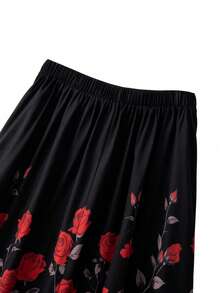 GlowEve CURVE Falda acampanada con estampado floral de rosa para mujer de talla grande, falda elegante y retro para uso diario, de vacaciones o fiestas, de color rojo chino, ideal para el Día de San Valentín - Negro - Ver 3