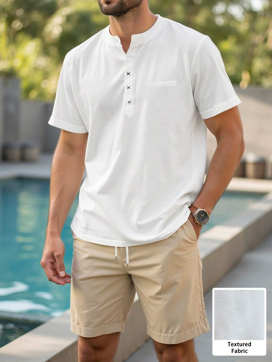 VENTUSAIL 男士纯色简约短袖衬衫短裤套装，适合日常穿着 - 彩色 - 查看 1