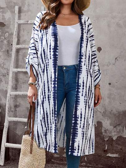 EMERY ROSE Plus Size Women's Summer Casual Vacation Country Tie-Dye Print Roll Tab Sleeve Long Casual Beach Vacation Jacket With Pockets, Early Spring,Spring Break Outfits ,Vacation Outfits Women ,Holiday Outfits For Women,Spring Clothes Women,Going Out Outfits,2026 New Clothes,Simple And Fashionable For Everyday Wear,Holiday Outfits Boho