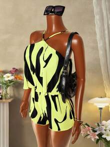 Mistrie Women's Pleated Fabric Printed Halter Jumpsuit For Vacation - Yellow - View 6