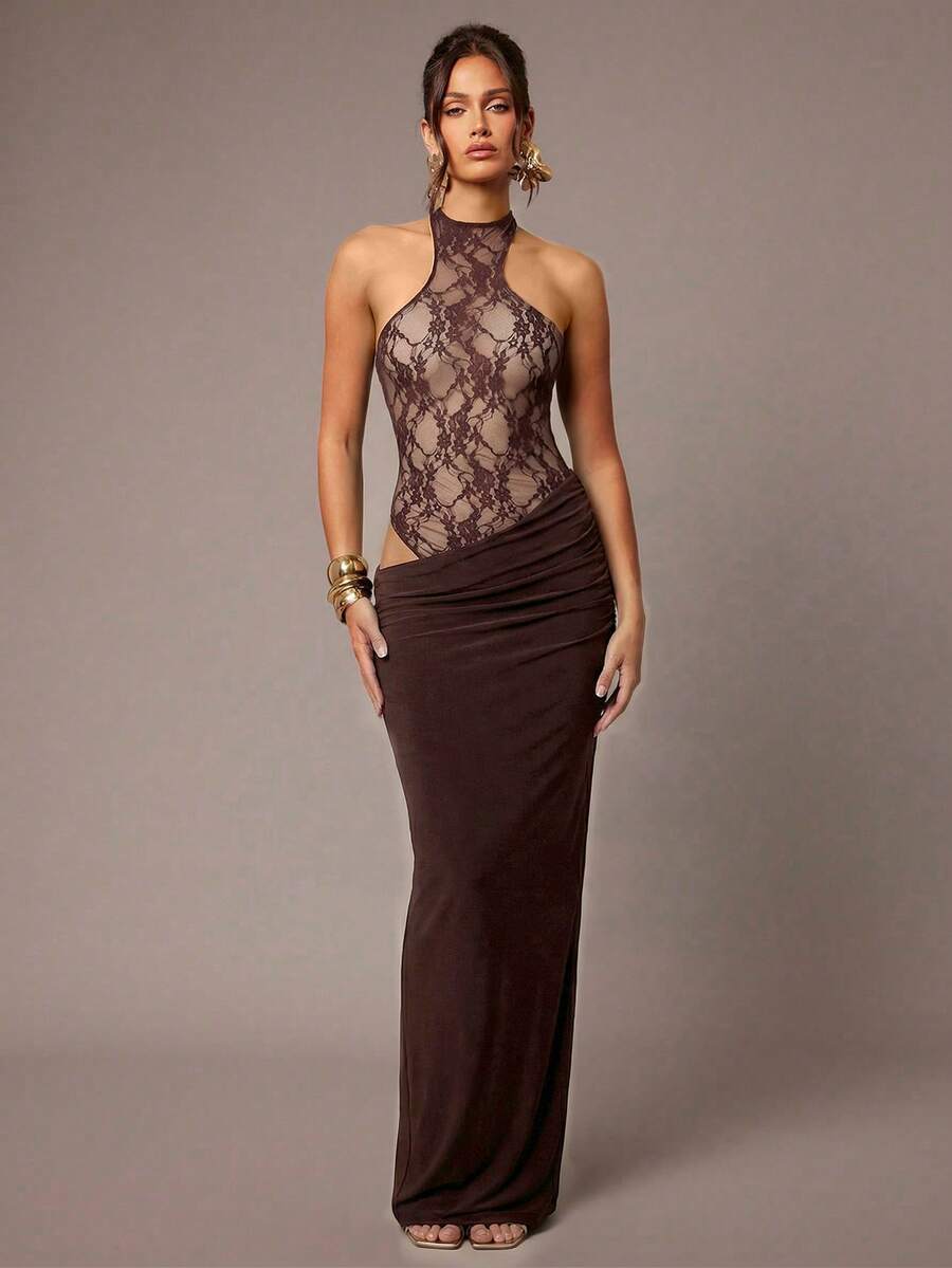 Silquee Solid Color Deep V-Neck Ruffle Long Sleeve Dress, Autumn/Winter - Coffee Brown - View 1