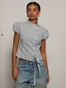 COUREZ PUFF SLEEVE ASYMMETRIC TIE FRONT SHIRT - Blue and White - View 5