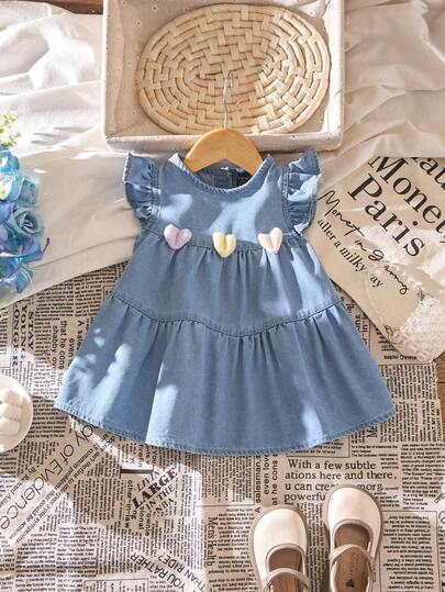 Baby Girl Floral Print Loose Denim Dress With Ruffle Hem And Flutter Sleeves, Light Blue Washed Denim, Spring/Summer New Arrival