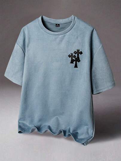STYNVO Loose Fit Men's Drop Shoulder Cross Embroidery Vintage T-Shirt, 2000s Style