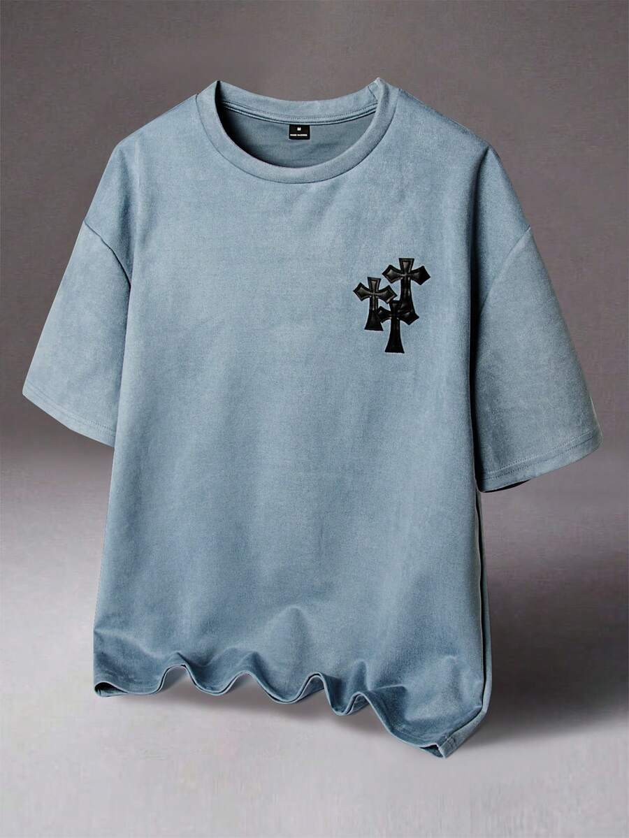 STYNVO Áo thun nam cổ điển thêu chữ thập vai rộng rãi, phong cách thập niên 2000 - Màu xanh bụi bặm - Xem 1