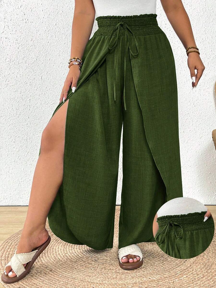 SHEIN Frenchy 大码女式纯色腰带开衩阔腿裤，橄榄绿阔腿裤，适合海滩度假，春季女式下装 - 墨綠色 - 查看 1