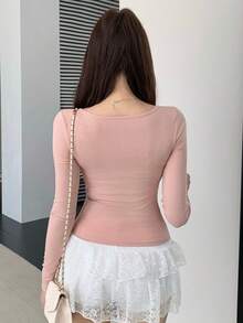 DAZY 女士蕾丝拼接豹纹长袖修身T恤 - 粉色 - 查看 4