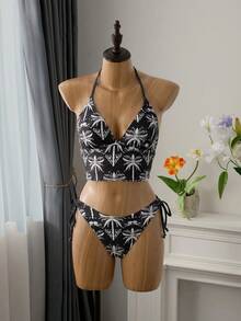 Bellisia Women's Tropical Floral Print Halter Tankini Swimsuit Set,Tank Top And Drawstring Bikini Bottoms,Beach Outfit, Vacation Bikini Set, Swimsuits For Woman 2 Piece - Black and White - View 3