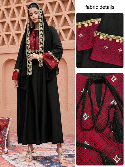 Al Najma Cárdigan negro largo y holgado con estampado geométrico y ribete de lentejuelas