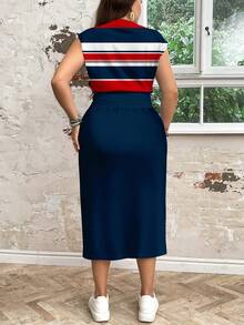 EMERY ROSE 春夏休闲度假风航海条纹印花上衣搭配蓝色半裙，简约大码女装两件套 - 彩色 - 查看 2