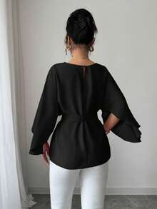 Selianne 女式法式圆领飘袖系带腰部亮面衬衫，春夏 - 黑色 - 查看 2