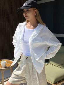 DAZY 女士撞色蕾丝宽松连帽长袖休闲度假防晒衬衫，春夏款 - 白色 - 查看 3