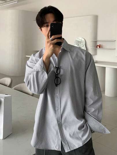 DAZY 男士休闲日常前扣条纹长袖衬衫，春夏款