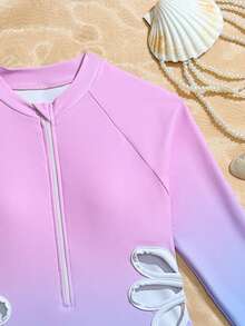 SHEIN 少女渐变色拉链镂空长袖连体泳衣 - 淺藍色 - 查看 6