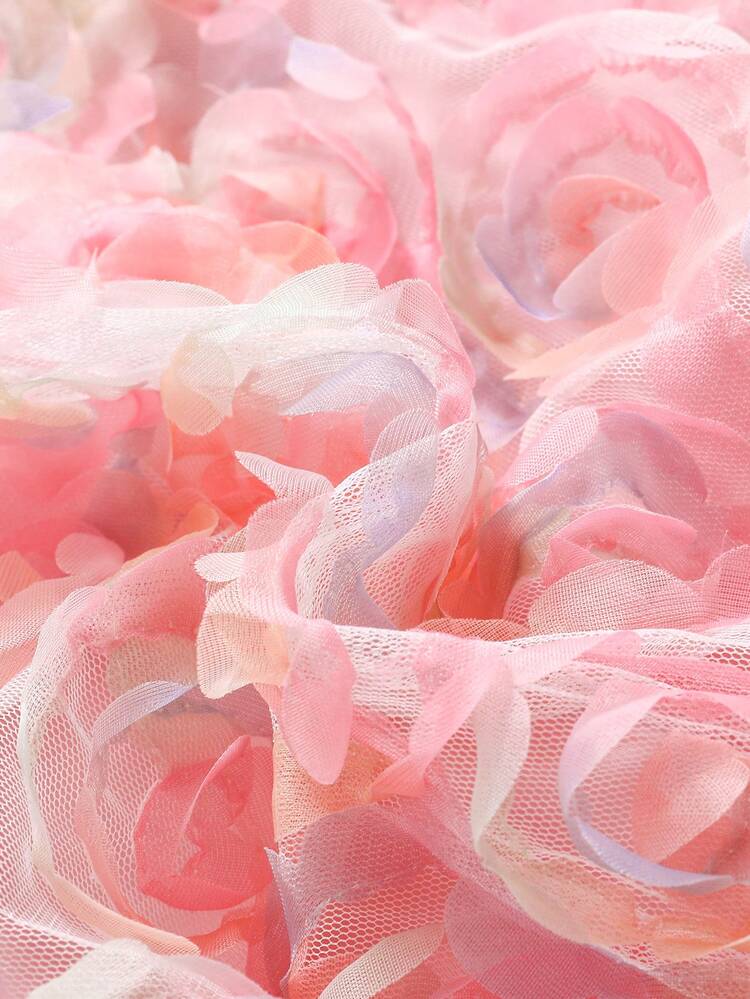 SHEIN 少女彩色3D玫瑰纹理网纱A字公主裙，百搭可爱甜美日常装扮 - 粉色 - 查看 4