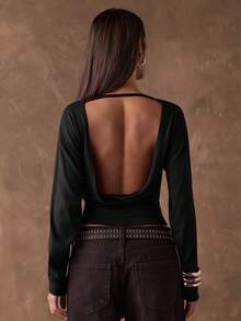 SHEIN BAE Femmes Sexy Mode Rue Décontracté Couleur Unie Drapé Dos Nu Manches Longues T-Shirt Court Noir, Printemps/Été - Noir - Voir 1