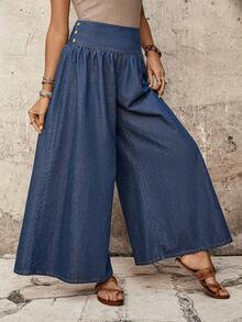 EMERY ROSE 女士休闲日常褶皱宽松阔腿牛仔裤，夏季 - 藍色 - 查看 4