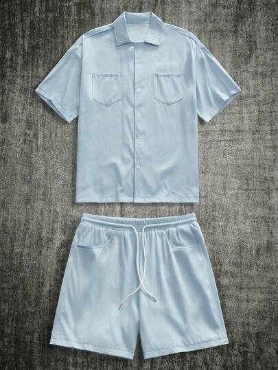 HIMLAND Men's Casual Daily Faux Denim Button Front Short Sleeve Shirt And Drawstring Waist Shorts Set Mens Summer Outfit Two Piece Set Men Summer Mens Short Set Mens Baby Blue Short Set Men Clothes Short Set