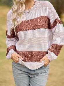 LanaWest Suéter holgado de punto con cuello redondo y cuentas de color contrastante para mujer, informal, para otoño e invierno - Multicolor - Ver 5