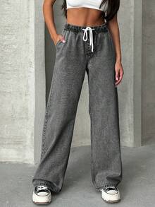 EURMUSE WOMEN Elastic Waist & Belted Cargo Denim JEANS MID WAIST - Light Grey - View 6