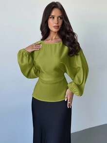 Firerie Áo kiểu nữ thanh lịch, lãng mạn, thường ngày, màu nâu cà phê, cổ tròn, tay cánh dơi, dài tay, thắt eo, dáng chữ X, phù hợp cho giáo viên và mùa thu. - Màu xanh Ô liu - Xem 3