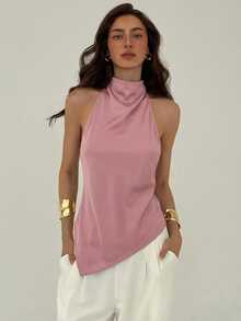 Aloruh 女士时尚纯色不对称下摆露背吊带上衣 - 藕粉色 - 查看 3