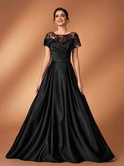 Serin Đầm maxi satin tay voan mỏng, sang trọng, đính sequin và hạt cườm, thích hợp cho đám cưới, tiệc tùng, lễ hội, dạ hội, hoặc dành cho mẹ cô dâu.