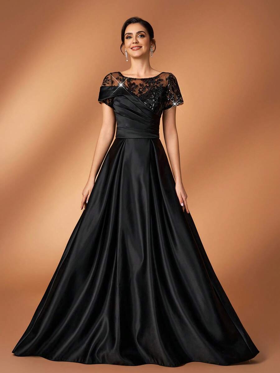 Serin 优雅奢华亮片串珠刺绣蕾丝薄纱袖缎面长裙，适合婚礼、派对、度假、舞会、新娘母亲晚礼服 - 黑色 - 查看 1