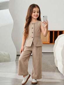 SHEIN Young Girl Commuter Casual Solid Woven Sleeveless Crew Neck Top And Straight Leg Pants Set, French Chic Elegant Formal - Khaki - View 1