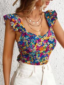 Soleia WYWH Women Vacation Spring Break Floral Print Tie Backless Ruffle Trim Crop Top - Multicolor - View 3