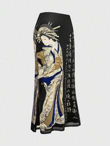 ROMWE Avant 复古日式艺伎与松树书法印花侧开衩网纱半身裙（女款） - 黑色 - 查看 5