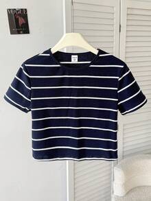 SHEIN Tween Girl Casual Mixed Striped Knit Crew Neck Short Sleeve Top - Navy Blue - View 3