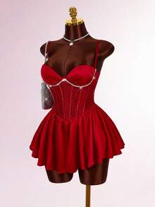 Amplova Sexy Party Women's Contrast Lace Ruffle Hem Spaghetti Strap Mini Dress - Burgundy - View 4