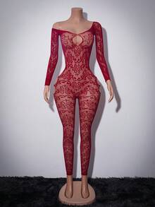 1pc Women's Sexy Hollow-Out Sheer Bodysuit, Valentine's Day - Burgundy - View 8