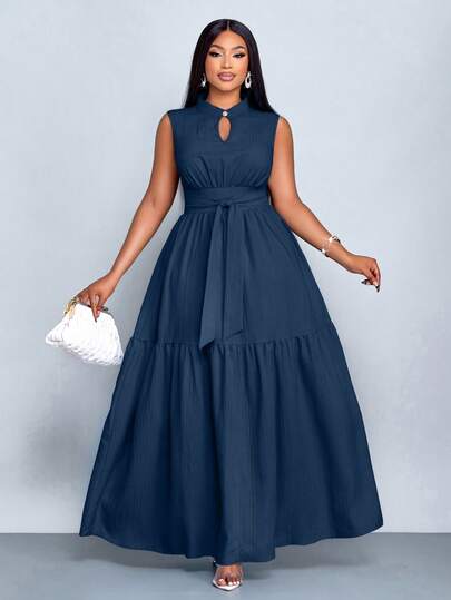 SOLERSUN Vestido azul de talla grande con cuello alto, corte frontal, sin mangas, cintura ceñida, nudo de amarre, elegante y casual para uso diario y salidas, nueva ropa de mujer para verano