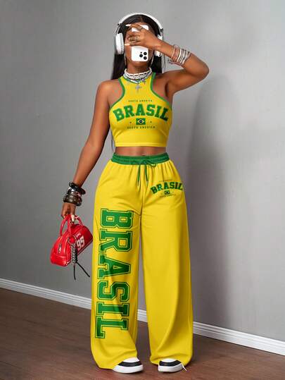 Slaydiva 2pcs/Set Women Casual Street Style Tight Camisole And Loose Pants Outfit, Suitable For Street, African Cup, Street Fashion,Colorcore Outfits