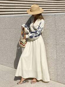 Livesso Women's Raglan Sleeve Printed Waist Cinched Midi Dress, Suitable For Summer Vacation - Beige - View 5