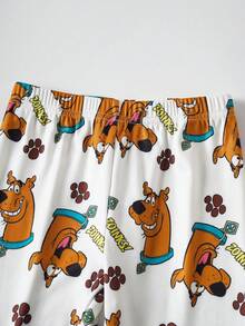 SCOOBY-DOO X SHEIN Set de 2 piezas de pijama informal de punto elástico y ajustado con estampado de perro de dibujos animados para niño, que incluye top de cuello redondo de manga larga y pantalones - Blanco - Ver 8