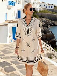 EMERY ROSE Plus Size Women's V-Neck Loose Knee-Length Dress, Printed Linen-Like Fabric, Suitable For Beach Vacation, Spring/Summer - Multicolor - View 4