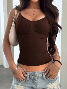 Zyxie Top de tirantes acanalado unicolor para mujer en verano - Café integral - Ver 4