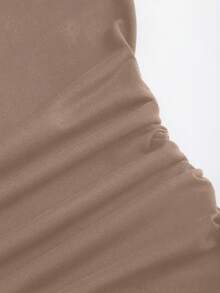 Sweetra Metal Decor Ruched Casual Bodysuit, Versatile For Spring/Summer Brown Bodysuit - Khaki - View 3