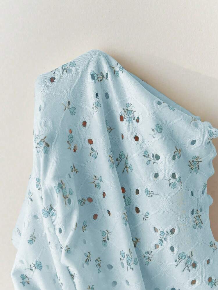 Elamini 黄色碎花镂空V领性感露背吊带背心，甜美迷人，春夏款 - 淺藍色 - 查看 7