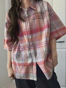 FRIFUL Women's Spring/Summer Plaid Short Sleeve Layered Loose Casual Versatile Blouse - Multicolor - View 4