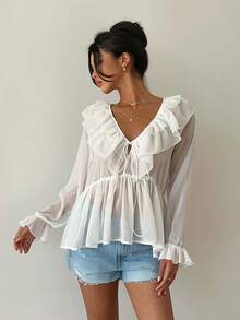 Aloruh Women's Elegant Romantic Sexy Fashionable Vacation/Date White Sheer Ruffled Chiffon Blouse, Spring/Summer - White - View 7