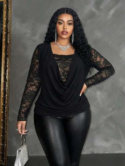 Reflora Plus Size Women's Fashion Lace Patchwork Loose Neck Long Sleeve Top Valentine's Day Black Lace Sheer Top