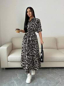 Brown Fitted Dress With Draped Neckline And Long Cape - Light Grey - View 5